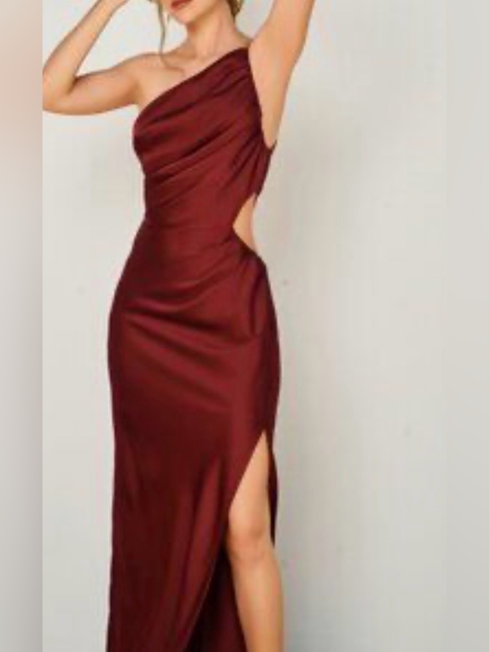 Dress Forum Burgundy One-Shoulder Draped Evening Gown
